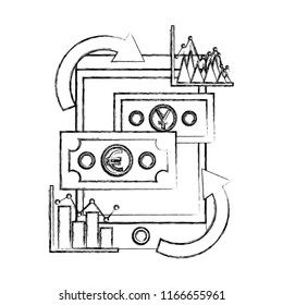 international money with tablet device and statistical graphic