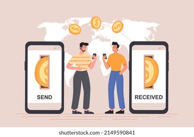 International money transaction concept. Young men with smartphones in their hands send and receive money in different parts of world. Financial operation online. Cartoon flat vector illustration