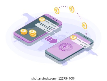 International Money Transfer Isometric Vector Illustration. Financial Transaction. Mobile Banking Infographic. Send Money. Euro Digital Wallet. E-payment 3d Concept. Website, App Design