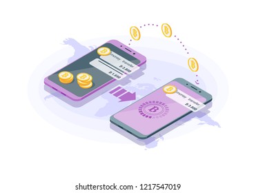 International money transfer isometric vector illustration. Cryptocurrency transaction. Mobile banking infographic. Send money. Bitcoin digital wallet. E-payment 3d concept. Website, app design