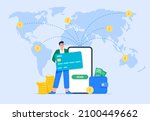 International money transfer and safe transactions. A male user sends money to different locations abroad using a mobile banking app. Easy banking concept. Vector flat illustration.