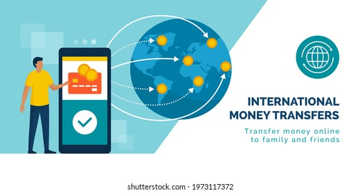 International Money Transfer And Safe Transactions: User Sending Money In Different Locations Abroad Using A Mobile Banking App