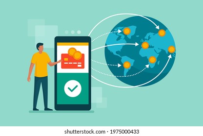 International Money Transfer And Safe Transactions: User Sending Money In Different Locations Abroad Using A Mobile Banking App