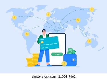 International money transfer and safe transactions. A male user sends money to different locations abroad using a mobile banking app. Easy banking concept. Vector flat illustration.