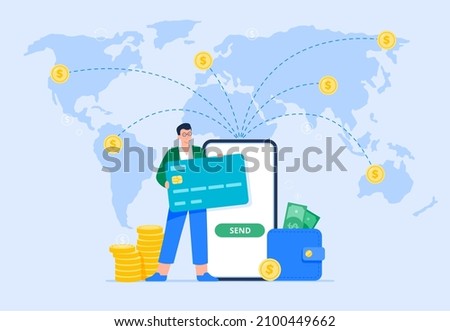 International money transfer and safe transactions. A male user sends money to different locations abroad using a mobile banking app. Easy banking concept. Vector flat illustration.