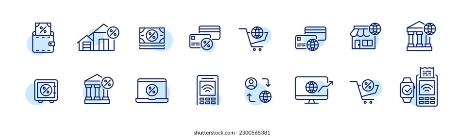 International money transfers, savings, credit and mortgage payments. Banking and finance line icons set