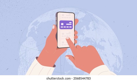 International money translation, global payments, online mobile banking vector illustration. Hand holding the mobile phone and touch the screen on Earth globe blue background.