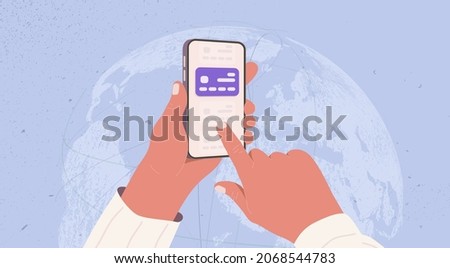 International money translation, global payments, online mobile banking vector illustration. Hand holding the mobile phone and touch the screen on Earth globe blue background.