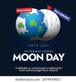 International Moon Day. 20th July International Moon day celebration banner, social media post with earth globe and full moon. The theme for 2024 is Illuminating the shadows, with exploring south side