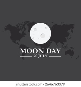 International moon day. 20th July Moon day celebration banner with moon, mini red flag on it and speech bubbles of Moon Landing, space achievement. It marks the anniversary of first landing by humans.