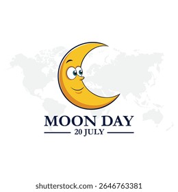 International moon day. 20th July Moon day celebration banner with moon, mini red flag on it and speech bubbles of Moon Landing, space achievement. It marks the anniversary of first landing by humans.