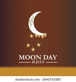 International moon day. 20th July Moon day celebration banner with moon, mini red flag on it and speech bubbles of Moon Landing, space achievement. It marks the anniversary of first landing by humans.
