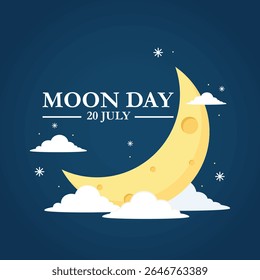 International moon day. 20th July Moon day celebration banner with moon, mini red flag on it and speech bubbles of Moon Landing, space achievement. It marks the anniversary of first landing by humans.