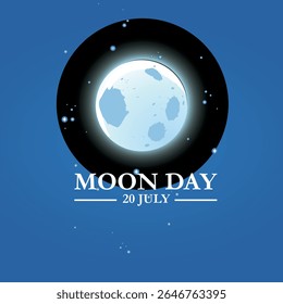 International moon day. 20th July Moon day celebration banner with moon, mini red flag on it and speech bubbles of Moon Landing, space achievement. It marks the anniversary of first landing by humans.