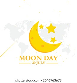 International moon day. 20th July Moon day celebration banner with moon, mini red flag on it and speech bubbles of Moon Landing, space achievement. It marks the anniversary of first landing by humans.