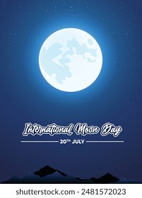 International Moon Day glowing moon with star on night sky vector poster