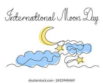 International Moon Day. The moon is in the sky in the clouds,Logo, continuous single line art hand drawing sketch