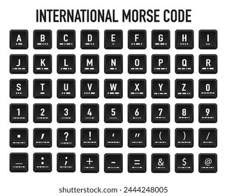 Código internacional Morse. Conjunto de letras, números y signos de puntuación. Alfabeto y numerales Código Morse para el aprendizaje. Ilustración vectorial