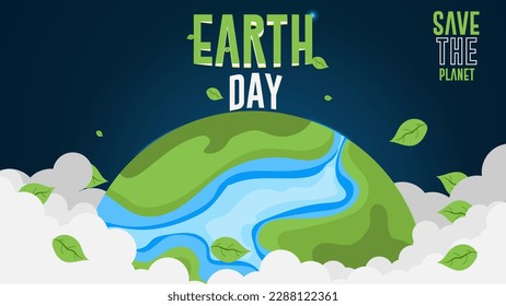 Día Internacional de la Madre Tierra. 22 de abril. Mapa mundial con ilustración vectorial de fondo del cielo.