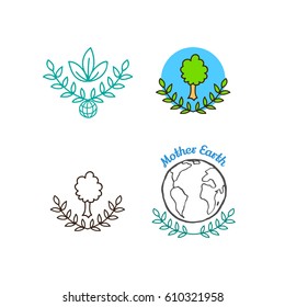 International Mother Earth Day. April 22, 2017. Event theme is Environmental and Climate Literacy. Set of ecology cliparts. Planet Earth, globe, tree, olive branch. Vector hand drawn design element