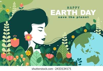 International Mother Earth Day Background with beautiful woman and plant illustration. vector illustration