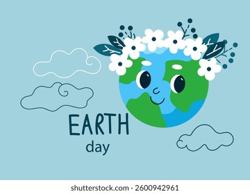 International Mother Earth Day banner. Earth cartoon mascot character. Concept for graphic and web design. Hand drawn vector flat illustration.	
