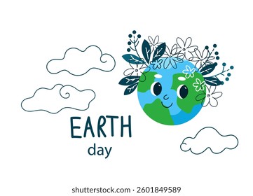 International Mother Earth Day banner. Earth cartoon mascot character. Concept for graphic and web design. Hand drawn vector flat illustration.	
