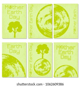 International Mother Earth Day. Concept of the event. Planet Earth. Green background. 6 kinds of business cards or flyers for participants of the event