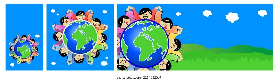International Mother Earth Day. Environmental problems, protection. Vector illustration happy children around the earth holding hands, protecting earth. post, story, banner design for social media