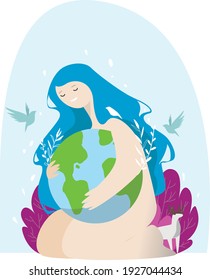 International Mother Earth Day. Protects earth, holds in hands. Cartoon vector illustration for nature concept. Trendy flat graphic design with mother earth for poster, card, sticker, web sites. 