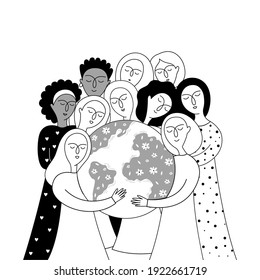 International Mother Earth Day! Save our planet. A group of women stands around the earth and hugs her. Vector illustration for banner, card, poster. 