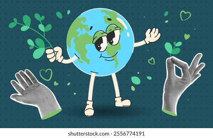 International Mother Earth Day. Save the Planet. Collage with Halftone hands and Groovy Earth Character. Environmental protection. Vector illustration 