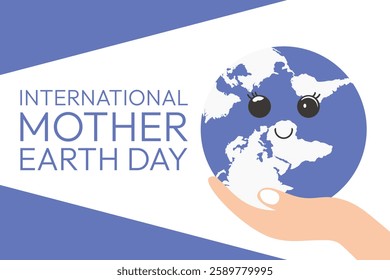 International mother earth day text with illustration of human hands holding earth globe banner.