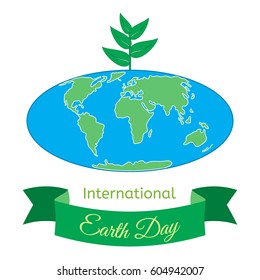 International Mother Earth Day theme. Globe with a plant as a symbol of environmental and climate literacy. You can add your own text. Vector illustration.
