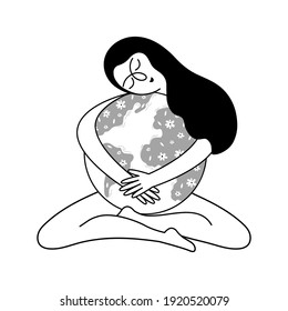 International Mother Earth Day! The woman hugs the earth with her arms. Doodle vector illustration with girl and Earth isolated on a white background. 