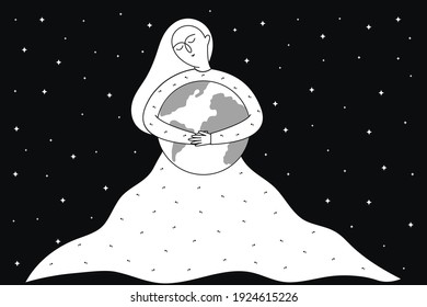 International Mother Earth Day! A woman holds the earth in her hands against the background of the starry sky. Vector doodle illustration.