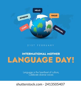 International mother language day. 21st February language day celebration cover banner with earth globe icon and speech bubbles, labels of greeting in different languages, Hello, Ciao, Bonjour, Hallo.