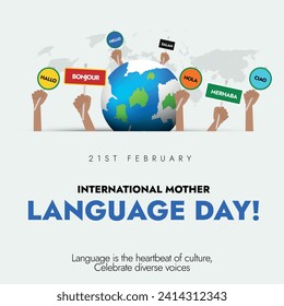 Día Internacional de la Lengua Materna. 21 de febrero Día Internacional de la Lengua Materna, cartel con el globo terrestre y diferentes manos sosteniendo pancartas de saludo en diferentes idiomas. 