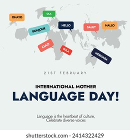 International Mother Language day. 21st February International mother language day celebration banner with silhouette world map and different speech bubbles of greetings in different language. 