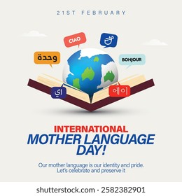 International Mother Language Day. 21st February Mother language Day celebration social media post or banner shows greetings in various languages with earth globe and book.  Vector Illustration