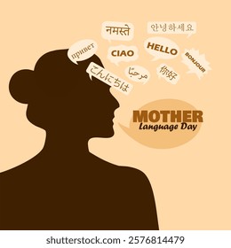 International Mother Language Day to celebrate on February 21st. Silhouette of a mother with the words "Hello" from various languages ​​on beige background.