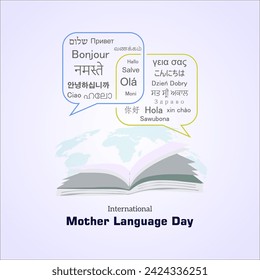 International Mother Language Day creative book and Hello written in different languages design concept for poster, banner vector illustration.