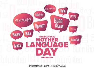 International Mother Language Day. February 21. Inscription Hello in different languages. Template for background, banner, card, poster with text inscription. Vector EPS10 illustration