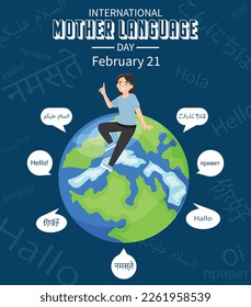 International Mother language day. February 21 Mother language day with girl and globe.