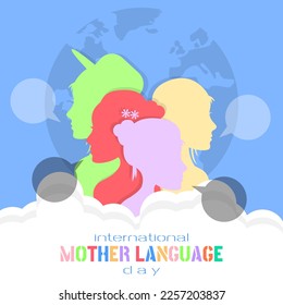 International Mother Language Day greeting card. A woman speaks in many languages. Suitable for related product or event