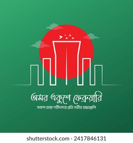 Internationale Muttersprachliche Urlaubskarte. 21. Februar Grafik-Poster mit Illustration von Shaheed Minar, bengalisches Alphabet, Pflanzen, Vögel, 21. Februar Design. National Martyr Monument of Bangladesch.