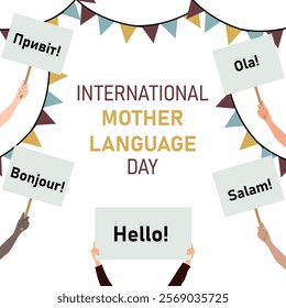 International Mother Language Day. People of different nationalities with words hello.