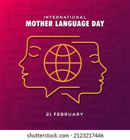 International mother language day, speech bubble, woman face with speech bubble, women icon with globe, Hello different country languages wishes vector illustration