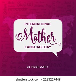 International mother language day, speech bubble, woman face with speech bubble, women icon with globe, Hello different country languages wishes vector illustration