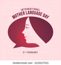 International mother language day, speech bubble, woman face with speech bubble, women icon with globe, Hello different country languages wishes vector illustration